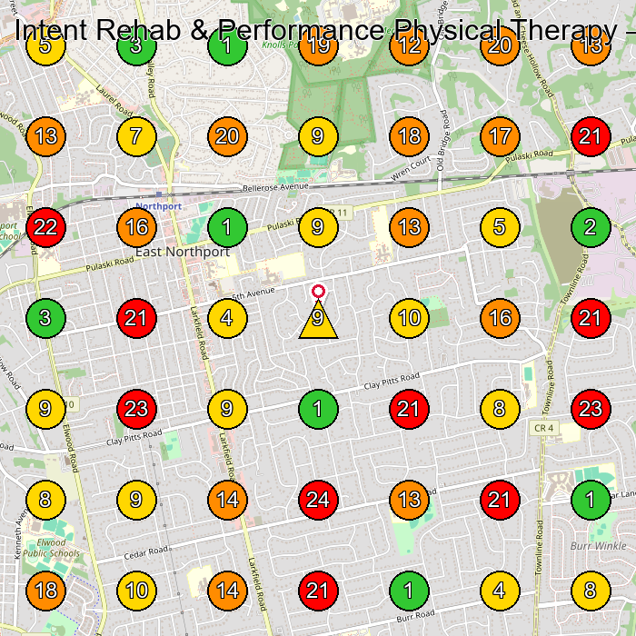 Intent Rehab & Performance Physical Therapy Physical Therapy Clinic GeoGrid ranking map for East Northport NY